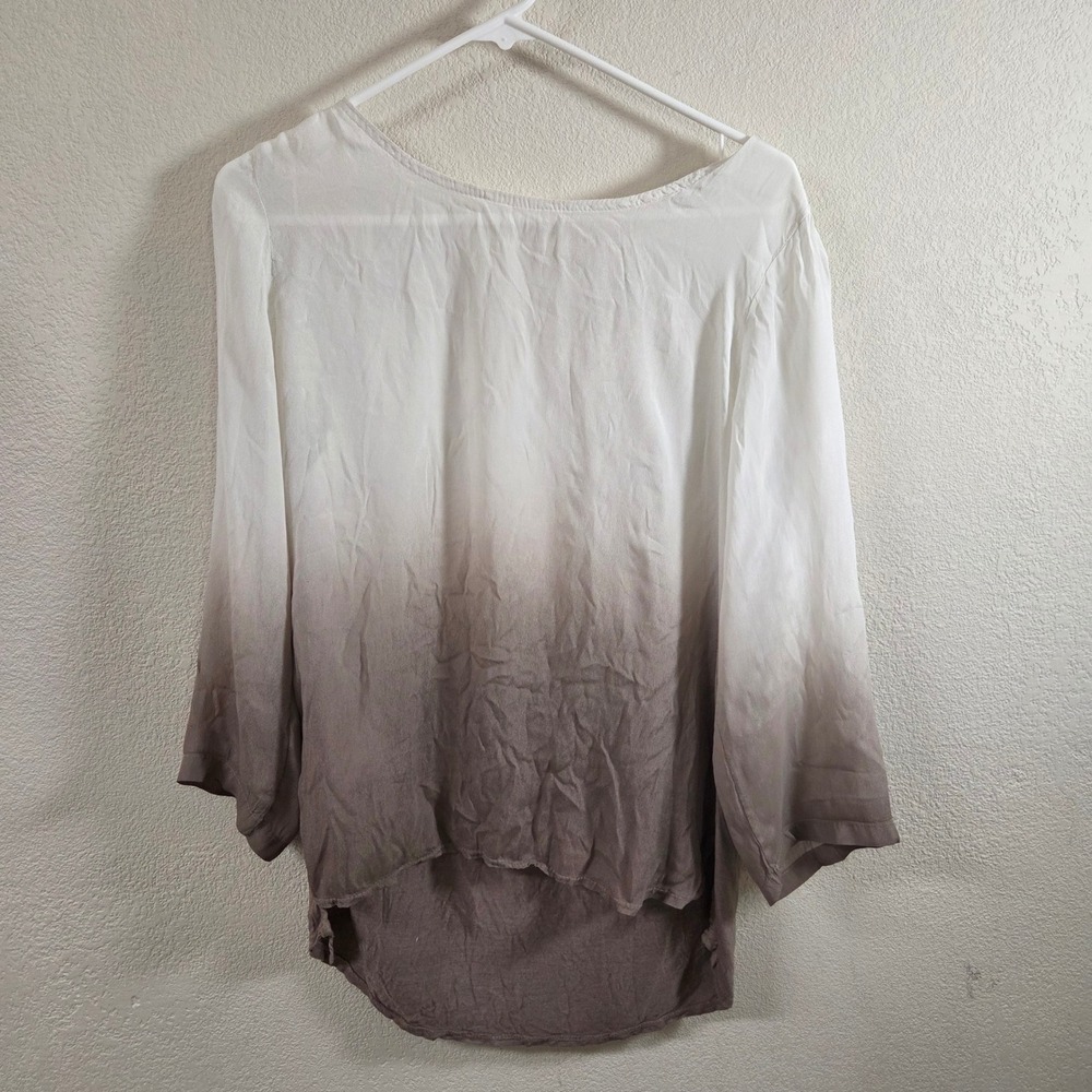 Pronto Moda Italy Ombre Dip Dye Tunic Blouse White Brown 3/4 Roll Tab Sleeve M